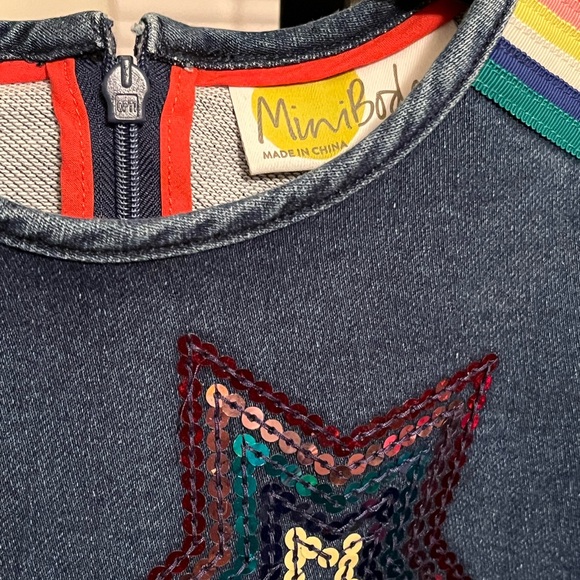 MINI BODEN PRE-LOVED AUTHENTIC DENIM RAINBOW TRIM & SEQUIN DESIGN SWING DRESS - Picture 14 of 17